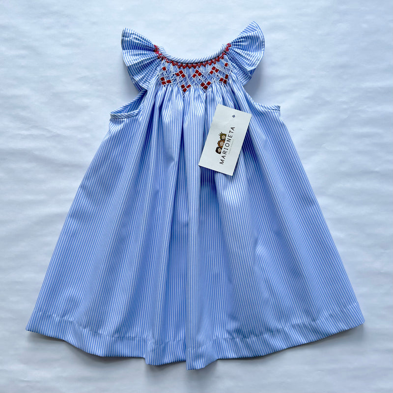 Vestido azul de rayas bordado con flores rojas para niña | CARPI