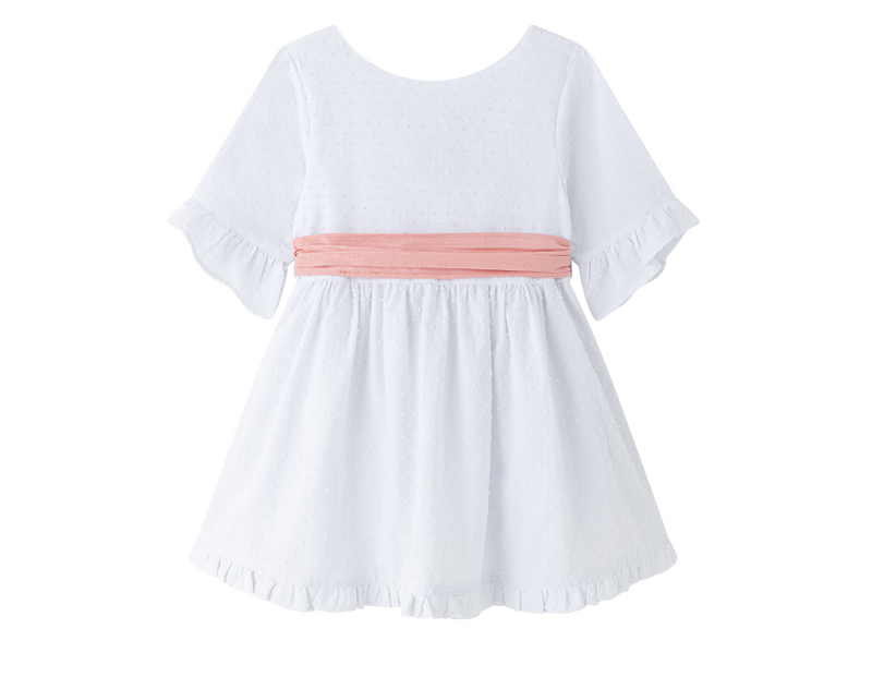 Vestido de fiesta color blanco en plumiti, con doble fajo en color rosa y verde para diferentes ocaciones, para niña | Newness