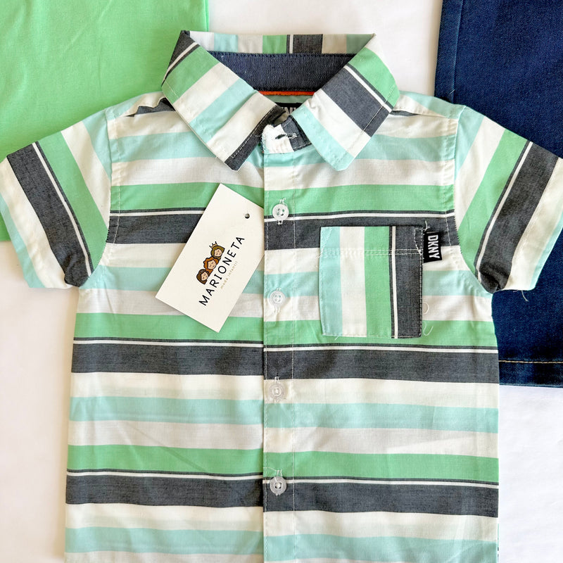 Conjunto tres piezas camisa a rayas verde, playera verde y paantalon de mezclilla para niño |