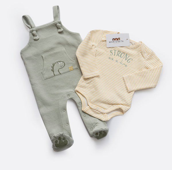 Conjunto dos piezas color verde y beige el body con estampado al frente para bebe nino LOSAN