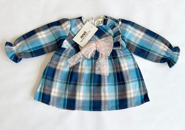 Vestido cuadros turquesa-rosa, con lazo al frente para bebe niña | Dadati