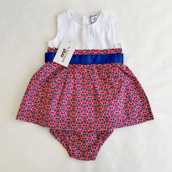 Vestido combinado blanco y estampado de flores azul rey y rojo para bebe niña | Newness