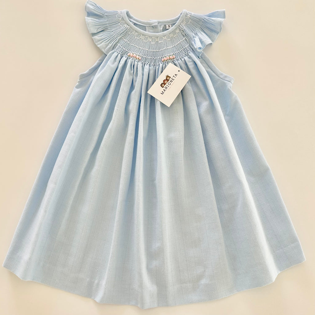 Vestido bordado hecho a mano jesucito color azul con bordado rosita para niña |