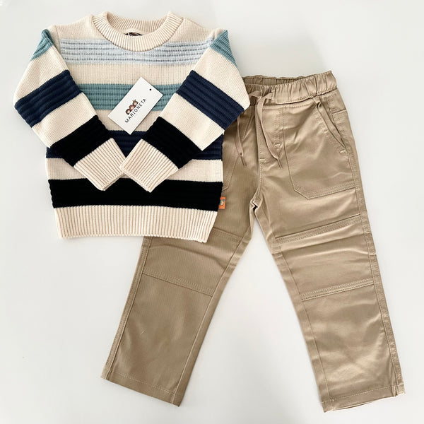 Conjunto dos piezas sueter gris o beige a rayas con pantalon para niño | mexicano