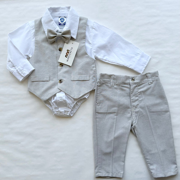 Conjunto cuatro piezas pantalon chaleco y moño beige y camisa blanca para niño | mexicano