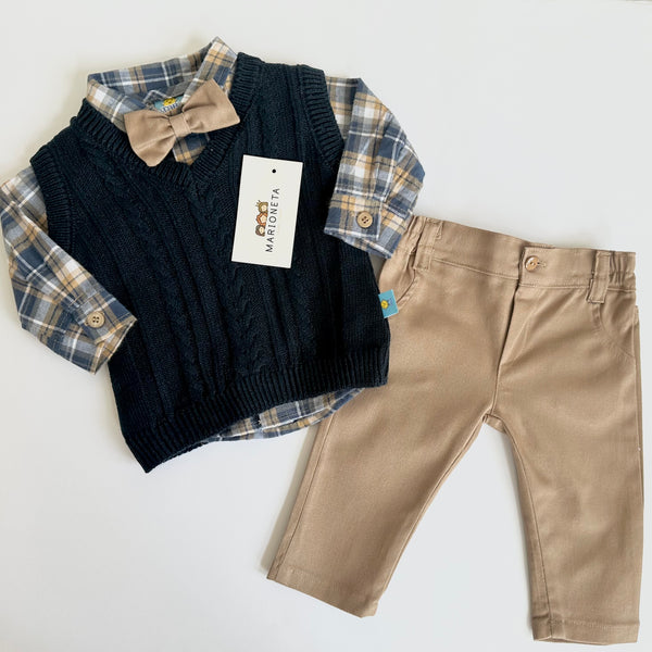 Conjunto tres piezas chaleco marino camisa a cuadro y pantalón caqui para bebe niño | mexicano