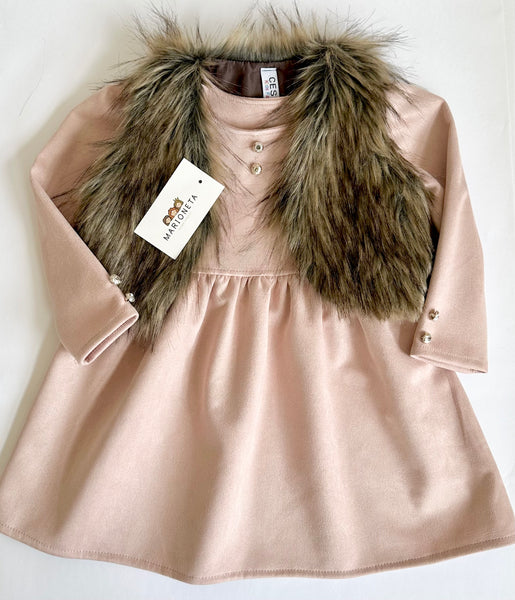 Vestido color rosa con chaleco cafe de peluche para niña Mexicano