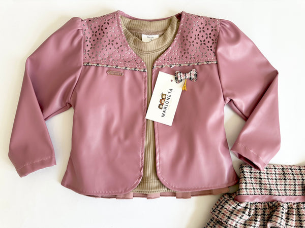 Conjunto tres piezas falda estampada playera caqui y chamara palo de rosa para niña | mexciana