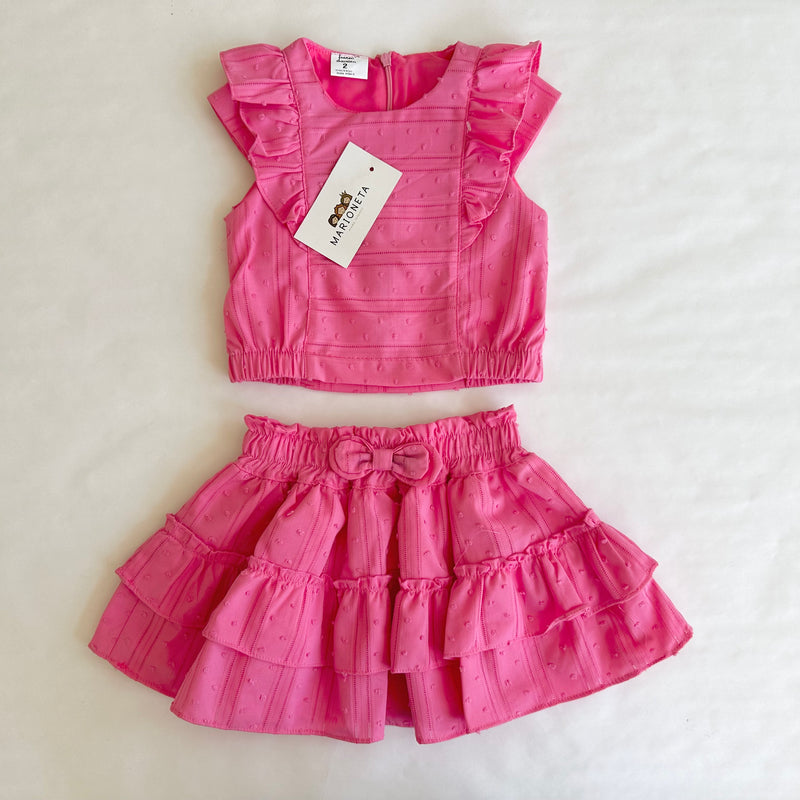 Conjunto dos piezas blusa rosa con detalle de olan y falda de olanes para niña. | mexicana.