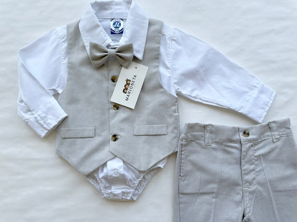 Conjunto cuatro piezas pantalon chaleco y moño beige y camisa blanca para niño | mexicano