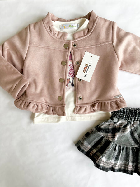 Conjunto tres piezas falda cuadros chaqueta con borrega rosa y playera ivory para niña | Mexicana lo lo