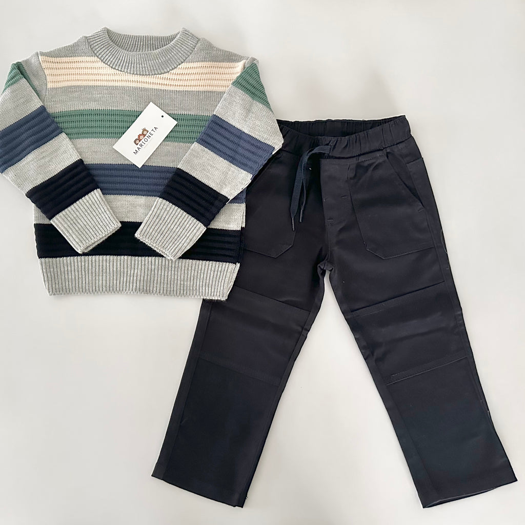Conjunto dos piezas sueter gris o beige a rayas con pantalon para niño | mexicano