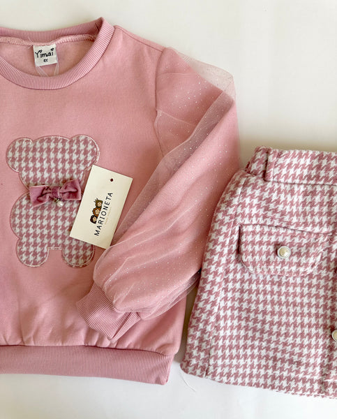 Conjunto dos piezas sudadera rosa con estampado de oso y falda vichi en rosa para niña