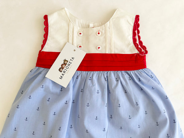 Vestido blanco con azul estampado con fajo color rojo y braguita para bebe niña | Newness