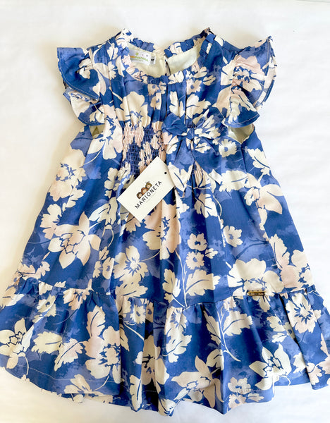 Vestido estampado color azul rey con ivory y lazo al frente para niña | MARCA MEXICANA