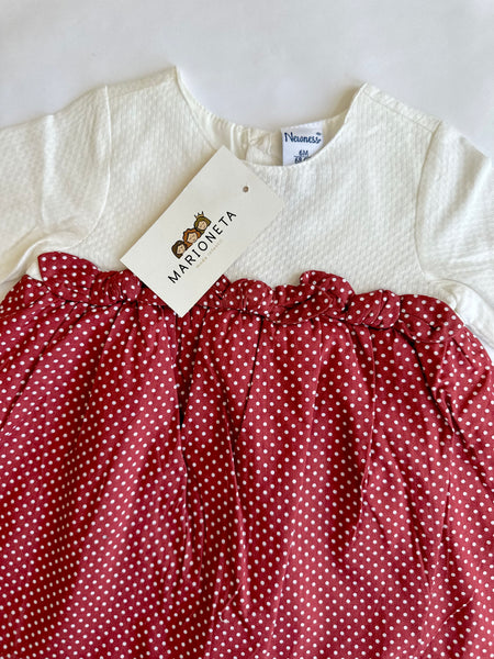 Vestido dos colores rojo y blanco manga larga para bebe niña | newness