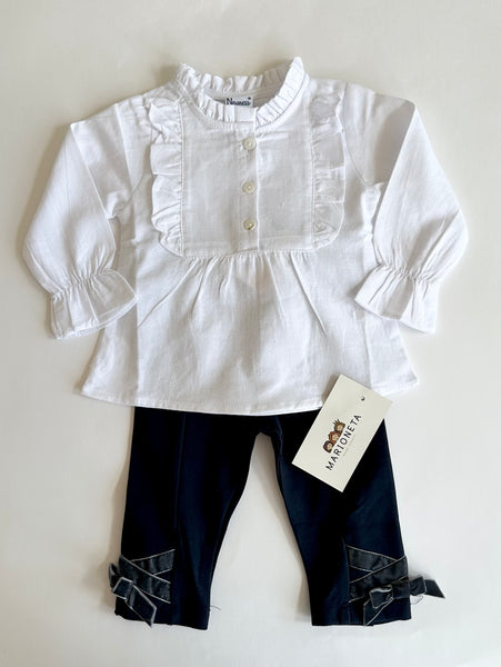 Conjunto dos piezas pantalon marino con detalles de moños de terciopelo y bluda blanca para bebe niña - Newness lo Ku