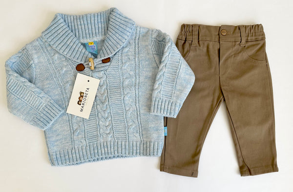 Conjunto dos piezas sueter azul cielo con pantalon caqui para bebe niño | mexicano