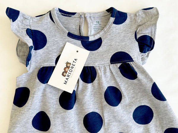 Conjunto dos piezas blusa gris con topos marino y short turquesa con estampado para bebe niña.