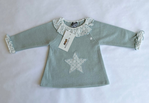 Vestido color verde con volante al cuello blanco con estrellas  manga larga para bebe niña | Dadati