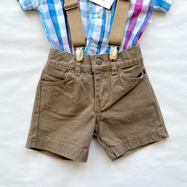 Conjunto cuatro piezas camisa a cuadros y short, tirantes y moño cafe para niño | Mexicano