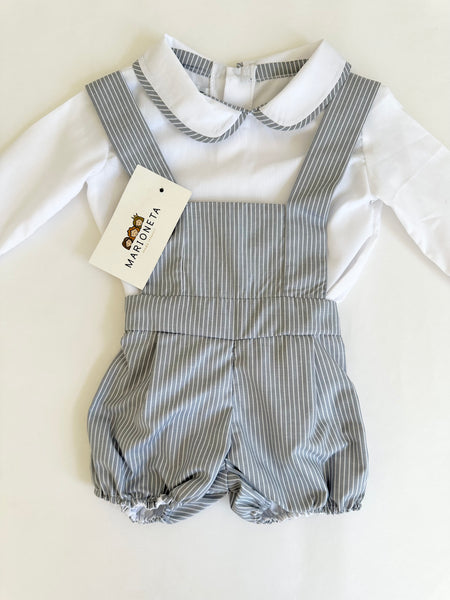 Pañalero gris con rayas blancas y camisa blanca con vivos gris para bebe niño |