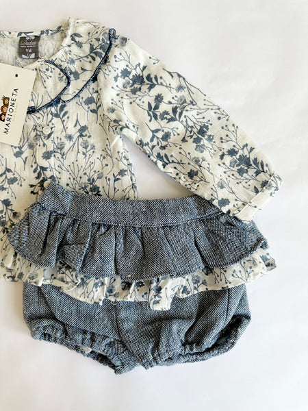 Conjunto dos piezas blusa y shot azul con adorno de olan para bebe niña - Dadati