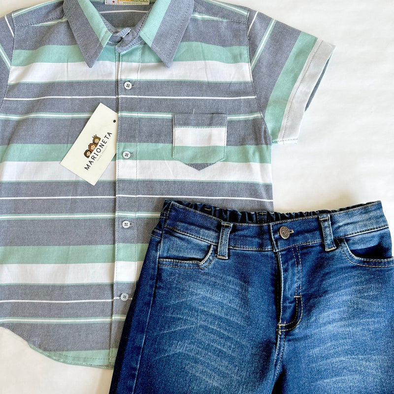 Conjunto dos piezas camisa o pañalero verde a rayas y short de mezclilla para niño | MARCA MEXICANA