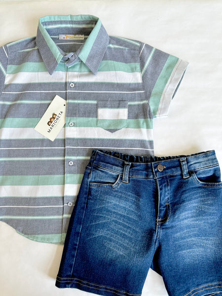 Conjunto dos piezas camisa o pañalero verde a rayas y short de mezclilla para niño | MARCA MEXICANA