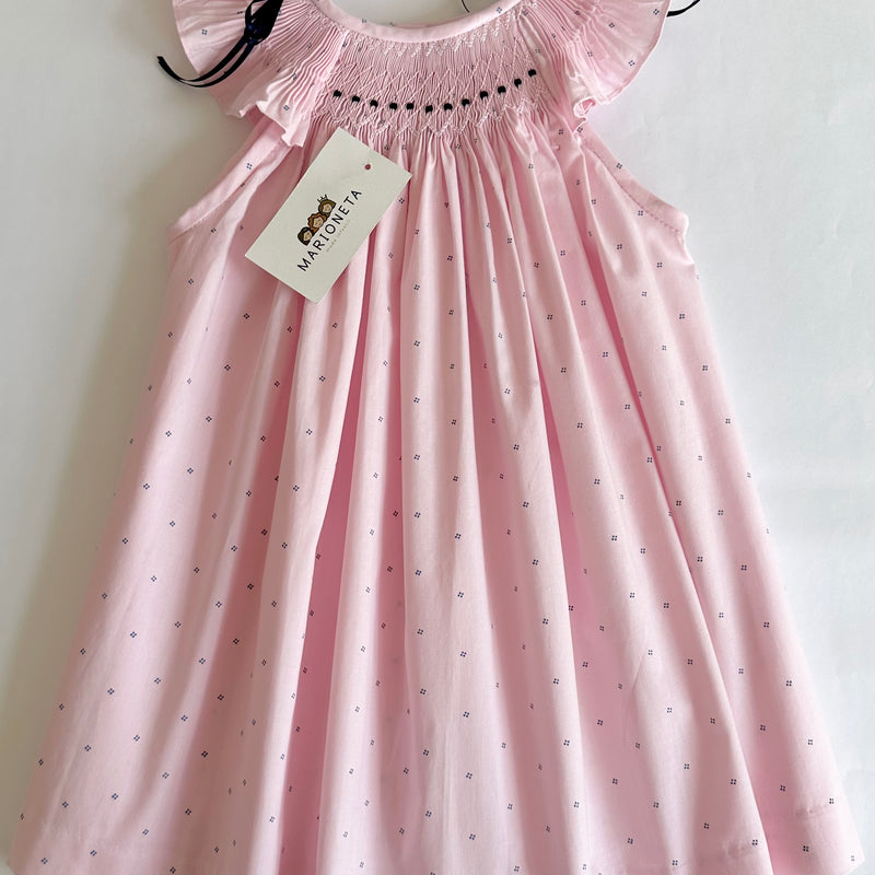 Vestido bordado jesucito hecho a mano color rosa con bordado y puntitos marino  para niña |