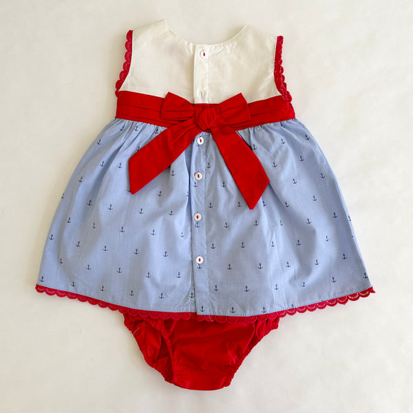 Vestido blanco con azul estampado con fajo color rojo y braguita para bebe niña | Newness