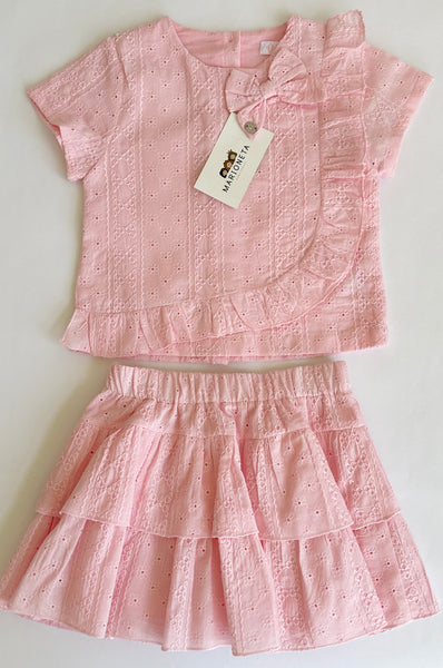 Conjunto dos piezas falda de olanes y blusa rosa para niña | mexicano