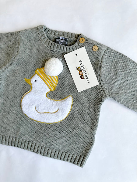 Sueter gris con adorno de patito y pompom al frente para bebe niño | Dadati lo