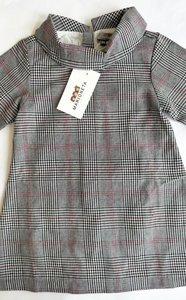 Vestido cuadros gris con tinto con adorno de pompon al frente para niña | Dadati