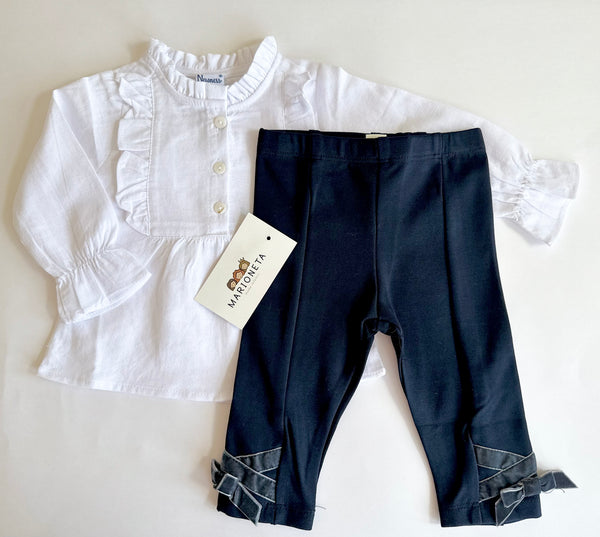 Conjunto dos piezas pantalon marino con detalles de moños de terciopelo y bluda blanca para bebe niña - Newness lo Ku