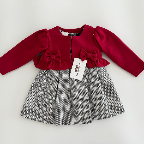 Vestido dos piezas vestido blanco con negro y chaqueta roja para bebe niña.