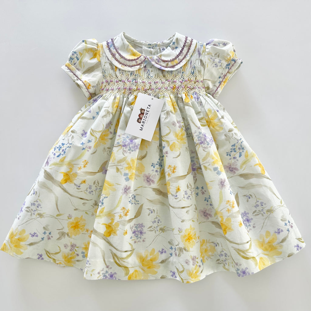 Vestido bordado hecho a mano floreado amarillo con lila para niña |