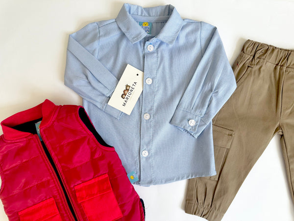 Conjunto tres piezas chaleco rojo camisa celeste y pantalón caqui para bebe niño. | mexicano