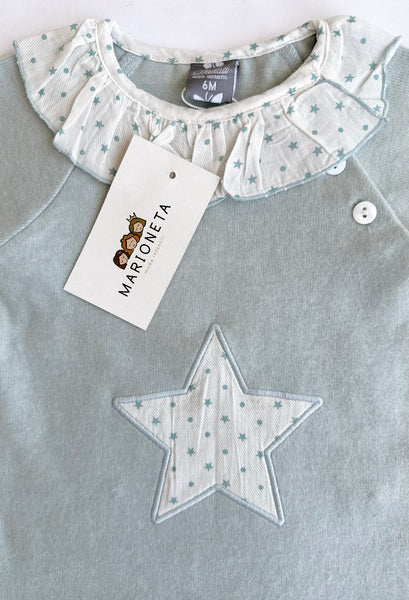 Vestido color verde con volante al cuello blanco con estrellas  manga larga para bebe niña | Dadati