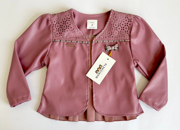 Conjunto tres piezas falda estampada playera caqui y chamara palo de rosa para niña | mexciana