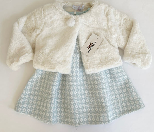 Vestido azul con chaqueta ivory de pelo para niña |