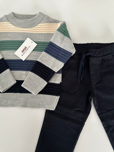 Conjunto dos piezas sueter gris o beige a rayas con pantalon para niño | mexicano