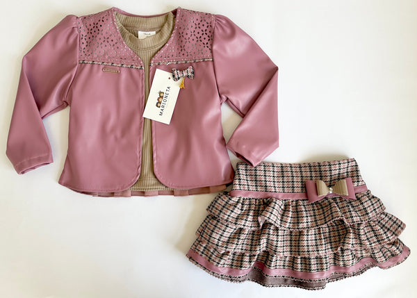 Conjunto tres piezas falda estampada playera caqui y chamara palo de rosa para niña | mexciana