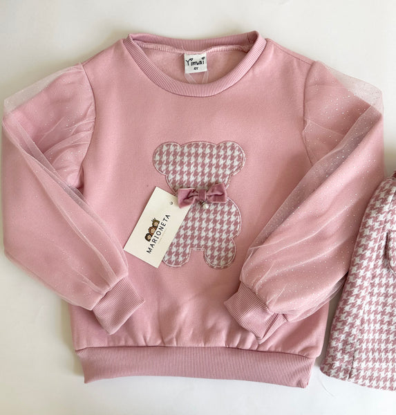 Conjunto dos piezas sudadera rosa con estampado de oso y falda vichi en rosa para niña