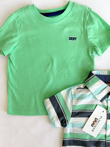 Conjunto tres piezas camisa a rayas verde, playera verde y paantalon de mezclilla para niño |