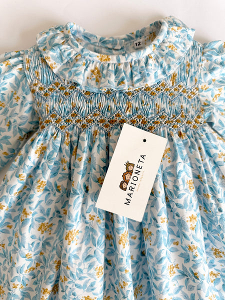 Vestido bordado azul hecho a mano con estampado de flores amarillas manga larga  para niña|