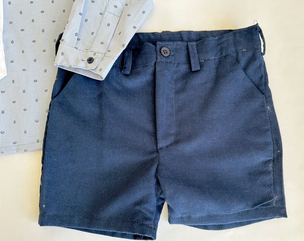 Conjunto dos pizas camisa de manga larga azul estampada  con hojitas marino y vivos blancos con short marino para niño |