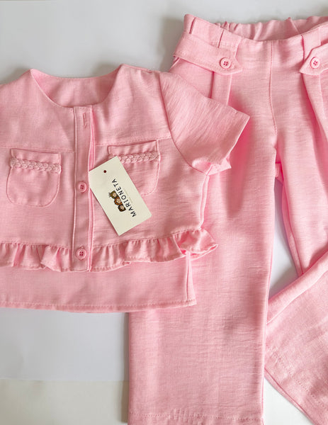 Conjunto tres piezas pantalon, top de tirantes y chaqueta color rosa para niña | mexicana