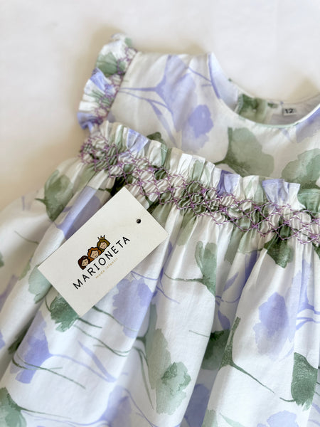 Vestido bordado hecho a mano ivory con flores lila y Verde para niña | CARPI