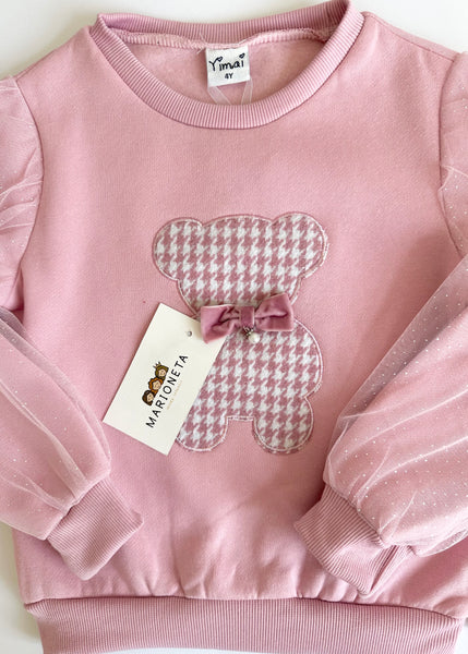 Conjunto dos piezas sudadera rosa con estampado de oso y falda vichi en rosa para niña